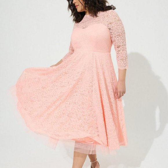 Torrid Dress 12 Pink - Peach Lace Illusion Midi Tulle Wedding Party Prom A-Line - Picture 1 of 5